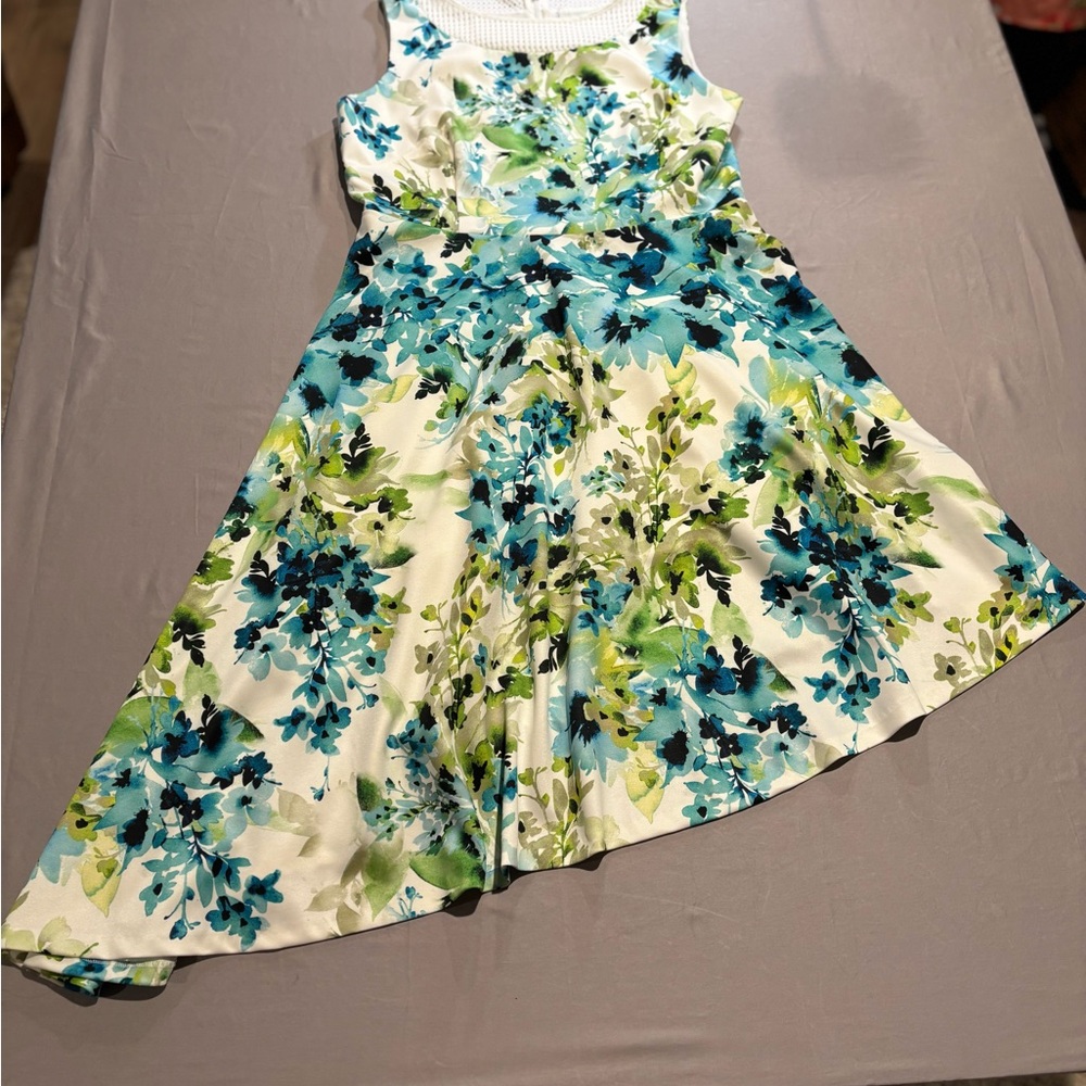 Tahari ASL Floral Fit & Flare Dress Mesh Illusion Neck Asymmetrical Hem Sz 12
